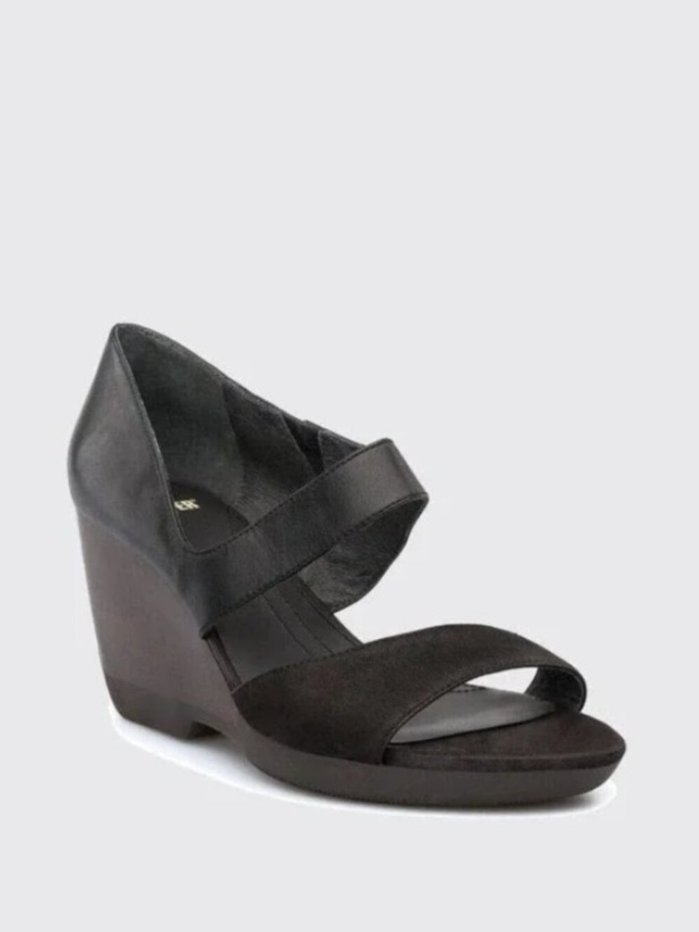 Camper Laura Black Woman Sandals Leather Wooden Heel Suede Wedges
